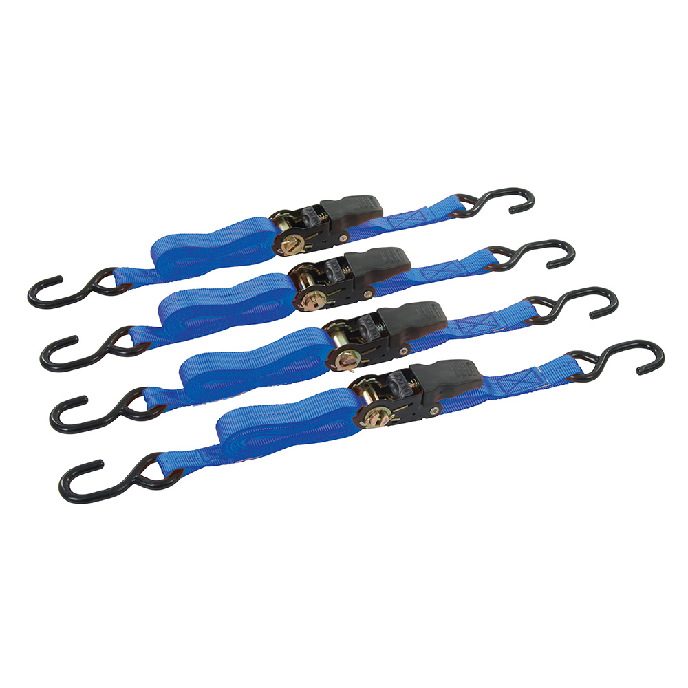 Rubber-Handled Ratchet Tie Down Strap S-Hook 4pk - 4m x 25mm Rated 350kg Capacity 700kg
