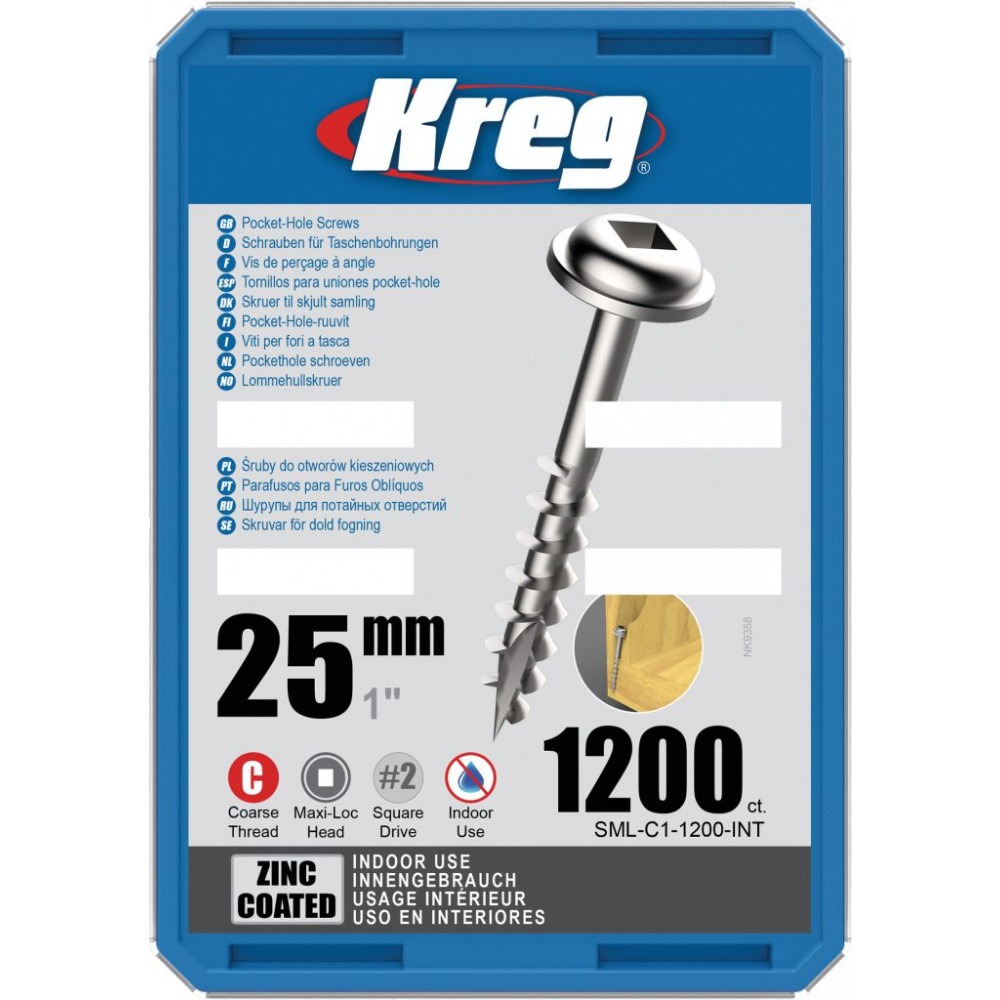 Kreg Zinc 25mm Pocket-Hole Screws Washer Head Coarse - No.8 x 1" 1200pk