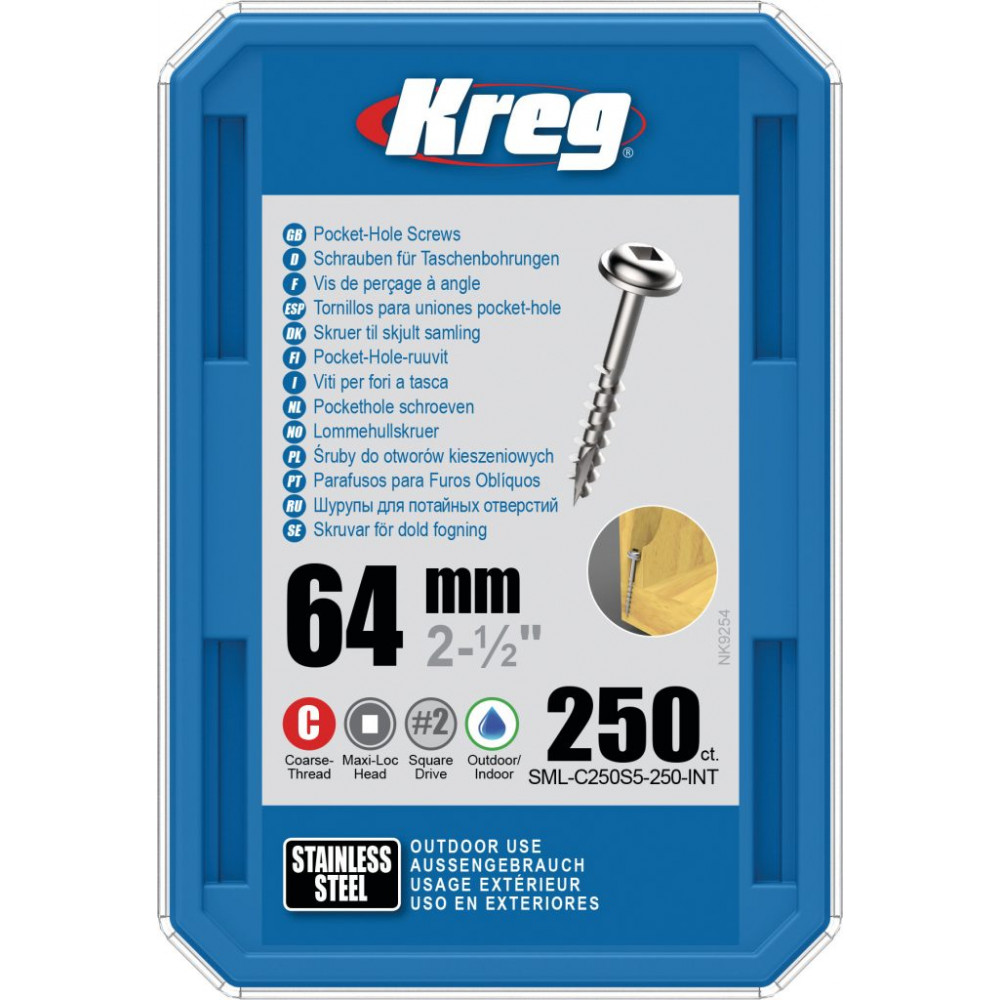 Kreg S/Steel Pocket-Hole Screws Washer Head Coarse - No.8 x 2-1/2" 250pk