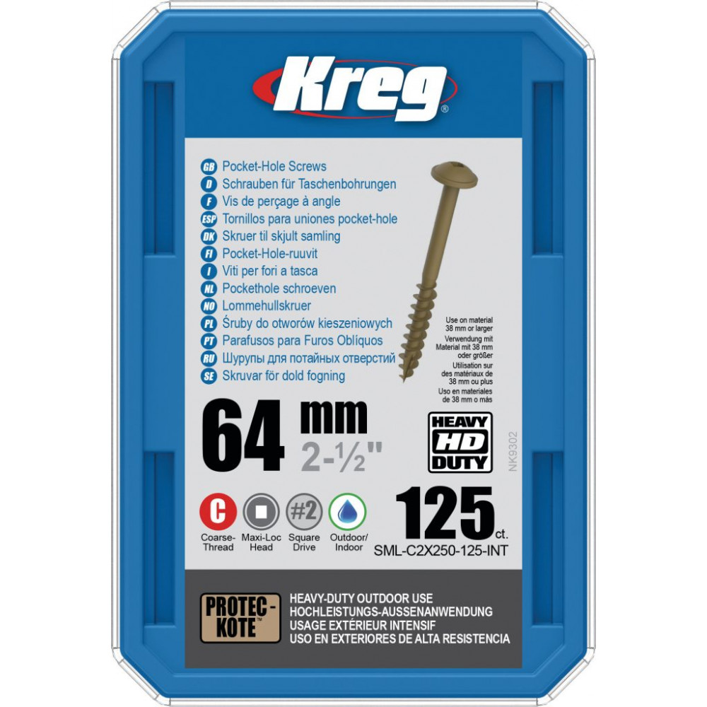 Kreg Heavy Duty Pocket-Hole Screws Washer Head Coarse - 64mm 125pk