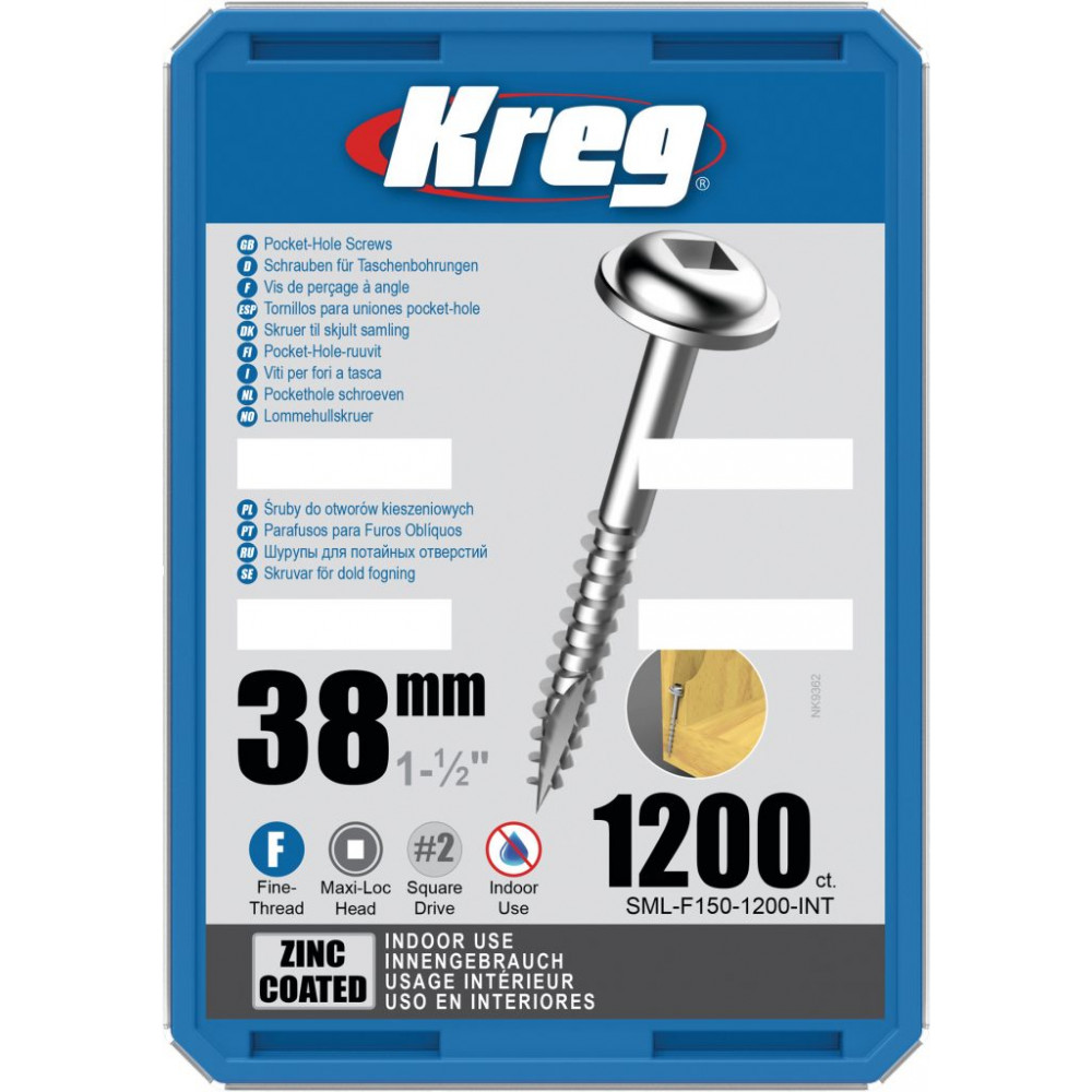 Kreg Zinc 38mm Pocket-Hole Screws Washer Head Fine - No.7 x 1-1/2" 1200pk